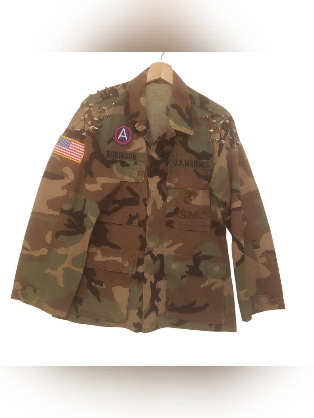 US Army BDU Jacket Vintage Woodland Camo Field Coat 8415010841642 Patches Small